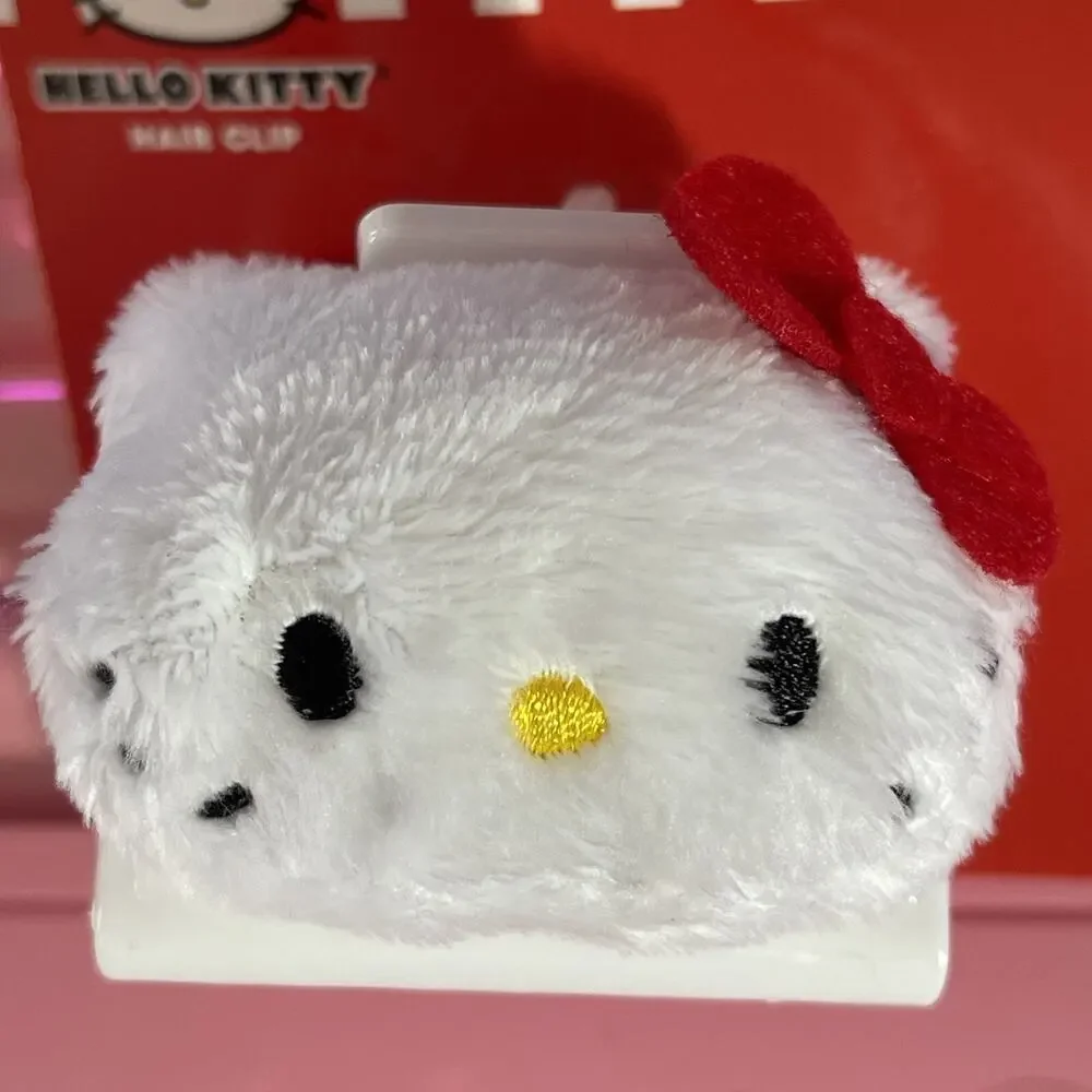 Hello Kitty Hair Claw Clip Soft Fuzzy Furry Plush White 3D  Red Bow 2024 Sanrio